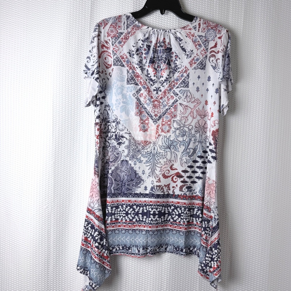 World Unity Tunic Top Knit Women XL Blue Paisley Crochet Lace Sharkbite Hem - Picture 3 of 10